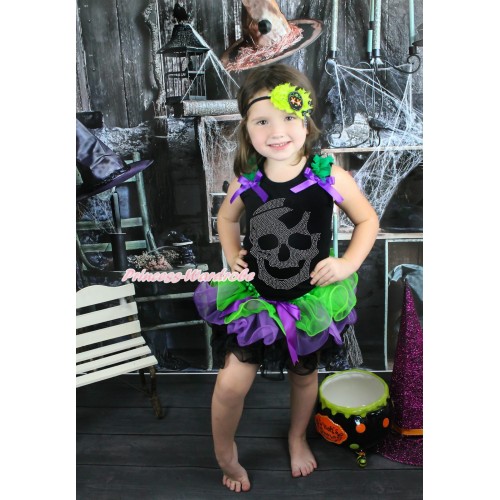 Halloween Black Baby Pettitop Kelly Green Ruffles Dark Purple Bow & Sparkle Rhinestone Skeleton & Dark Purple Bow Dark Green Purple Black Petal Newborn Pettiskirt NG1581